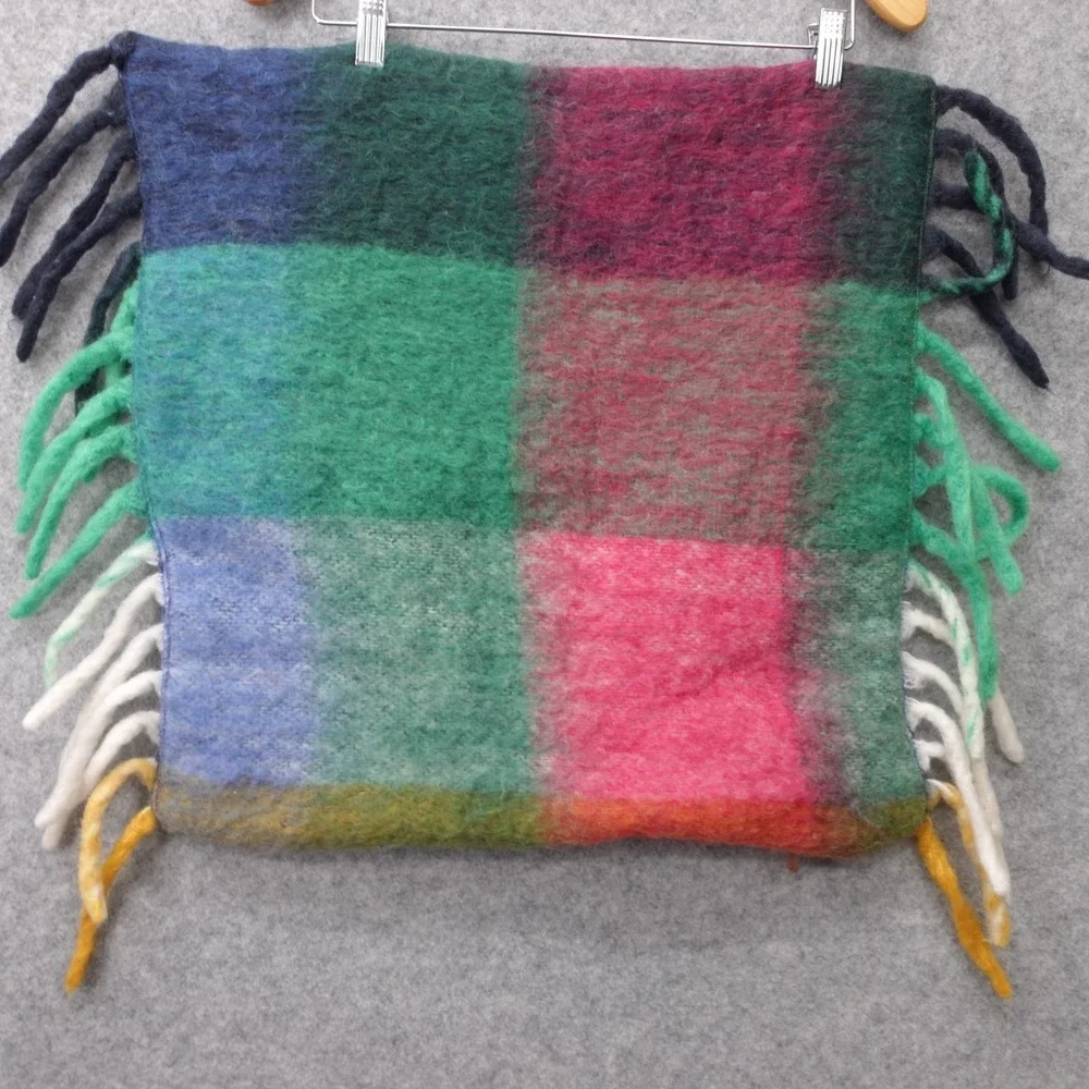 Boho Plaid‎ Throw Wool Pillow Cover Green Block Check Brush Fringe OUI 20 Square